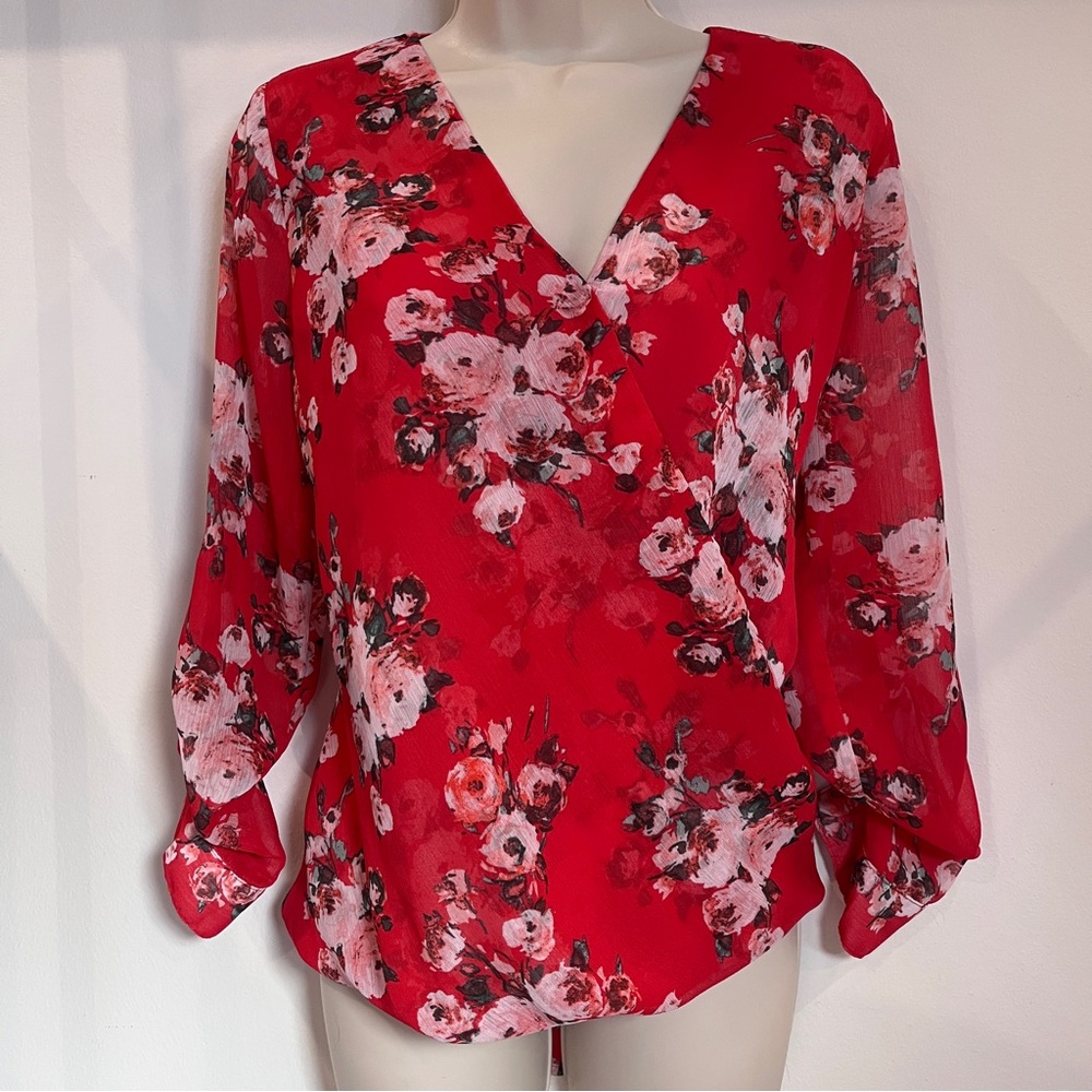 Floral V-Neck Top Blouse Flowy Sheer Lightweight Boho Fairy Small